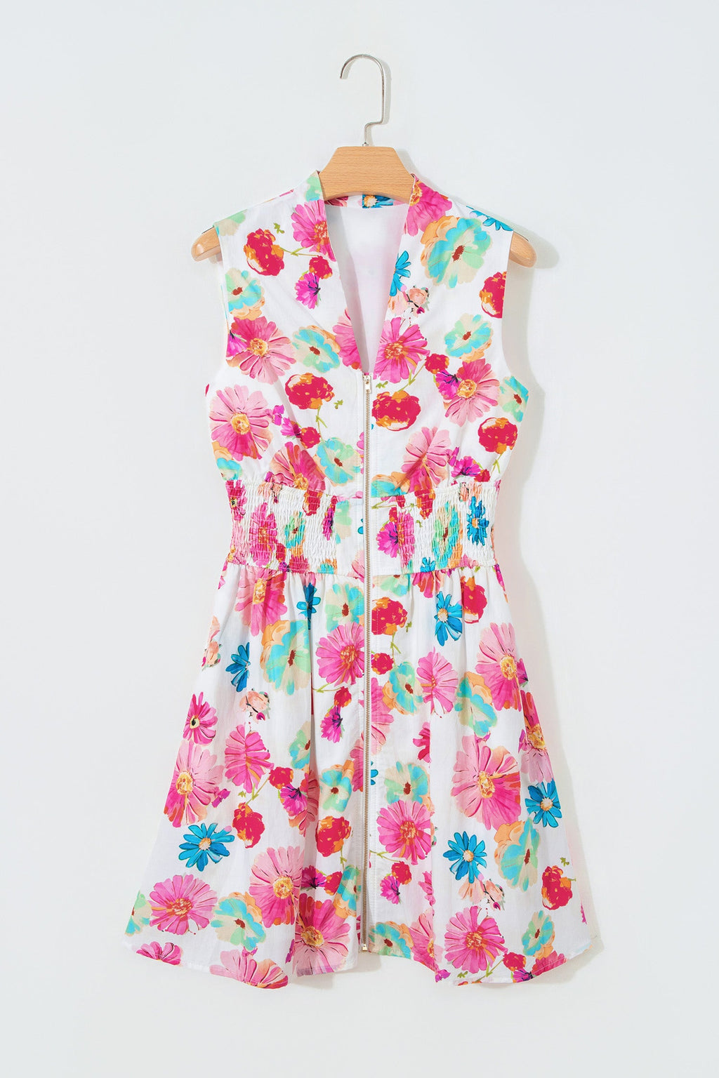 Floral Zip Up V-Neck Smocked Flared Mini Dress