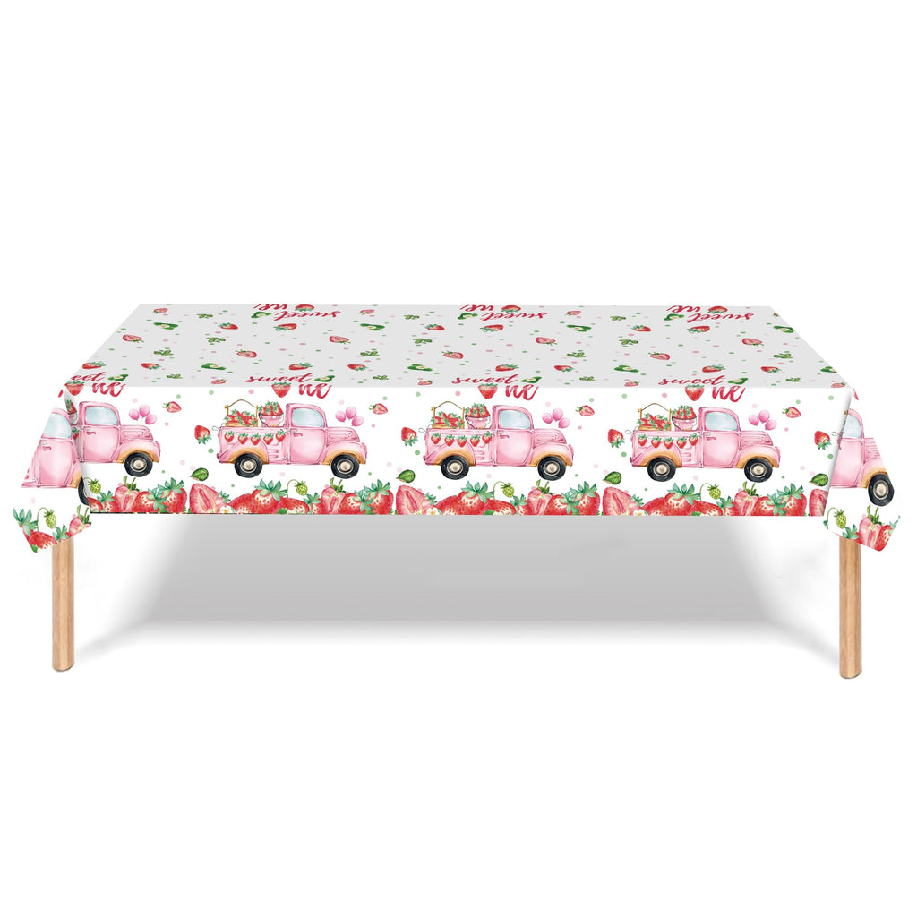 PHOGARY 3 PCS Strawberry Tablecloth Plastic Party Decor Pink 108x54in