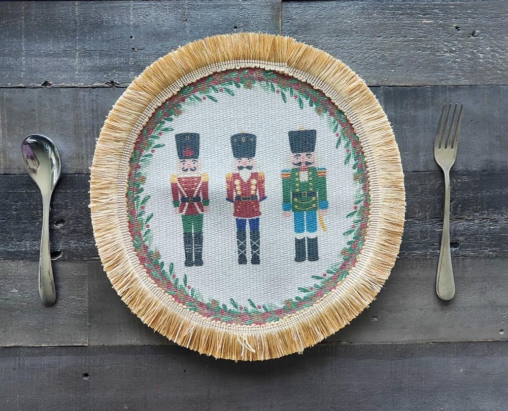 Fennco Styles Nutcracker Fringe Holiday Placemats 13" Round, Set of 4 - Multicolored Soldier Print Festive Table Mats for Christmas Décor, Banquet, Family Gathering and Special Events