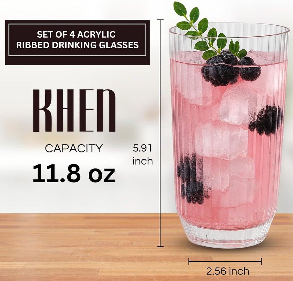 Khen Shatterproof Ribbed Drinking Glasses – Set of 4 Clear 12oz