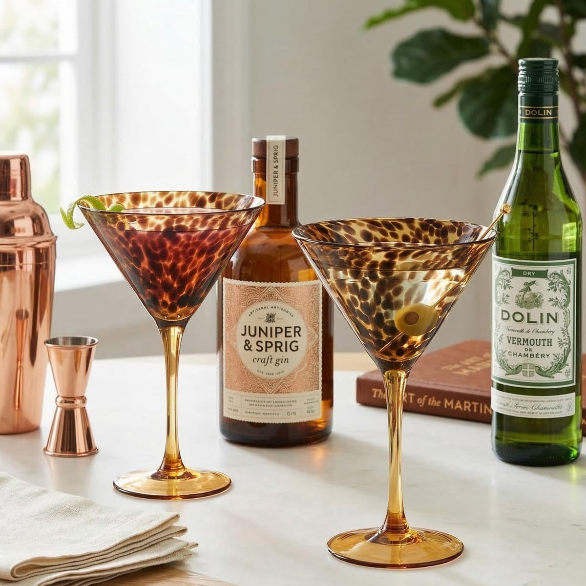 Tortoise Leopard Print Martini 9oz - Set of 4, 7.1" Spotted Borosilicate Cocktail Stem
