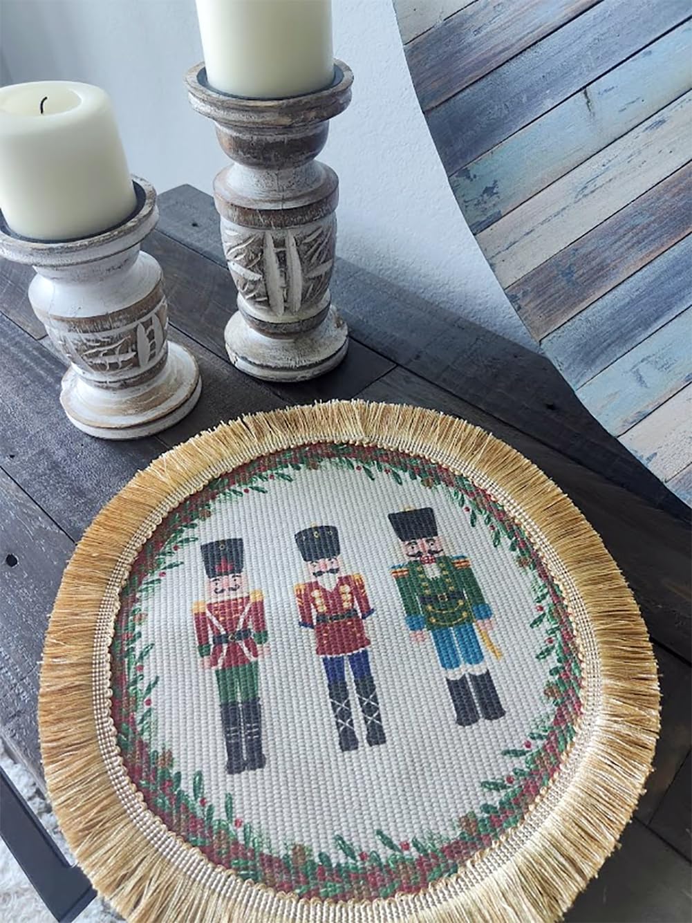 Fennco Styles Nutcracker Fringe Holiday Placemats 13" Round, Set of 4 - Multicolored Soldier Print Festive Table Mats for Christmas Décor, Banquet, Family Gathering and Special Events