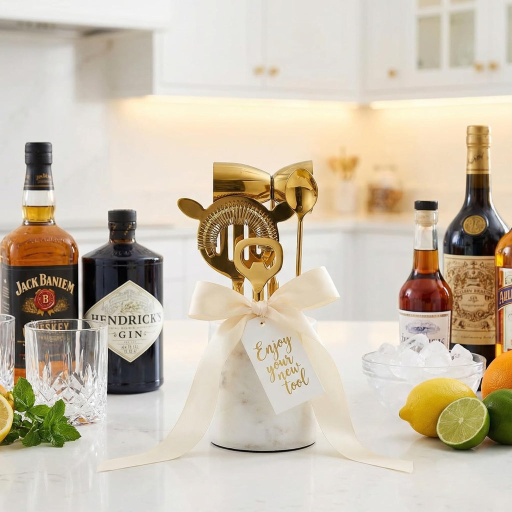 Gold Marble Cocktail Bar Tool Set, 5 Piece 9.06 x 3.75 Inch White Stone Holder Stainless Steel