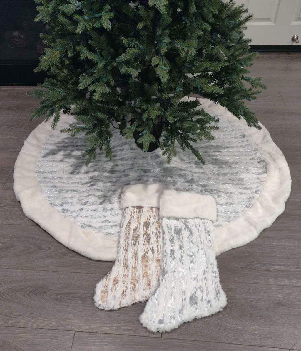 Fennco Styles Holiday Brushed Foil Print Faux Fur Christmas Stocking 8 x 19 Inch - Gold Metallic Design Hanging Stocking for Home, Holiday Tree Decor, Indoor and Special Occasion