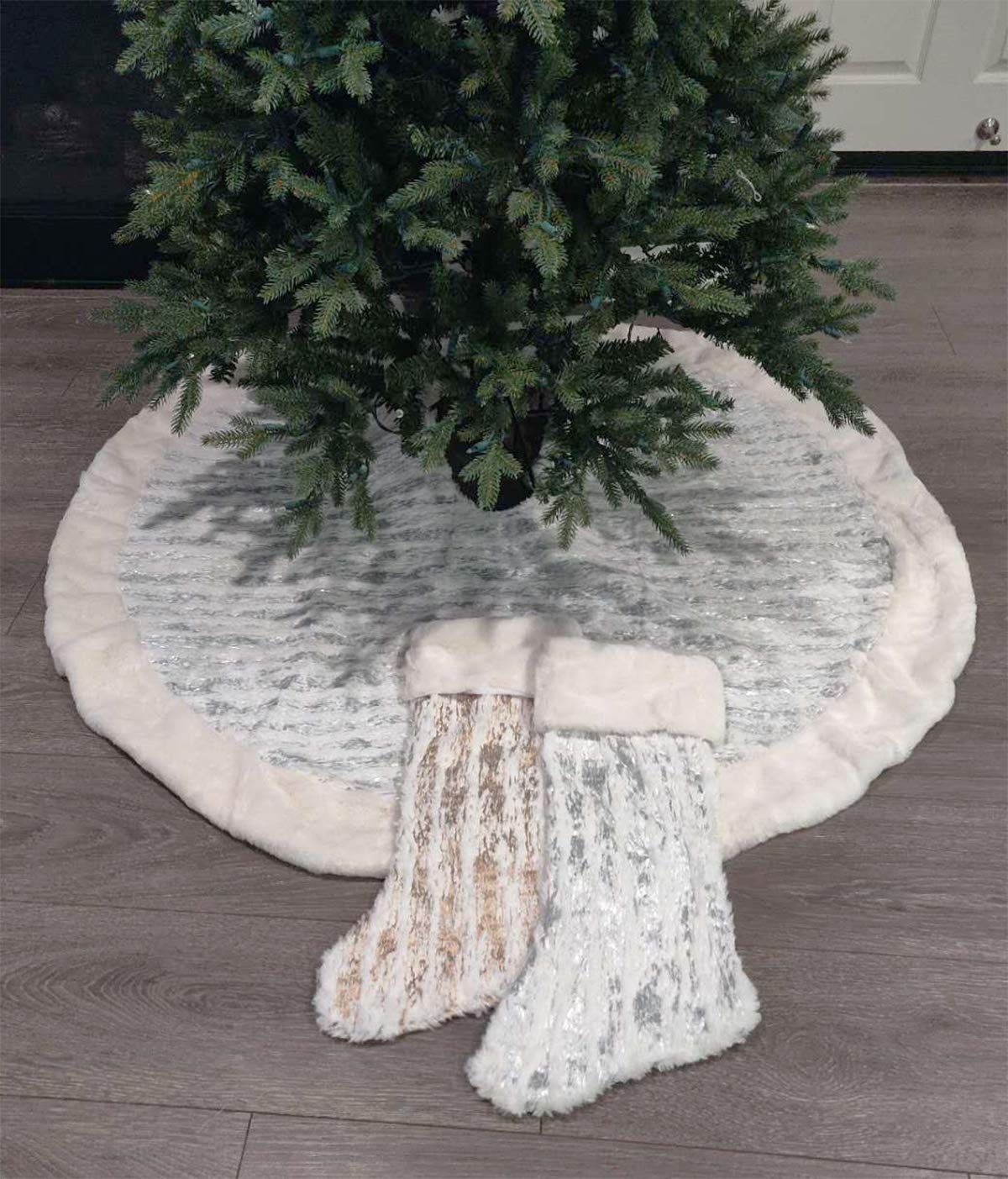 Fennco Styles Holiday Brushed Foil Print Faux Fur Christmas Stocking 8 x 19 Inch - Gold Metallic Design Hanging Stocking for Home, Holiday Tree Decor, Indoor and Special Occasion