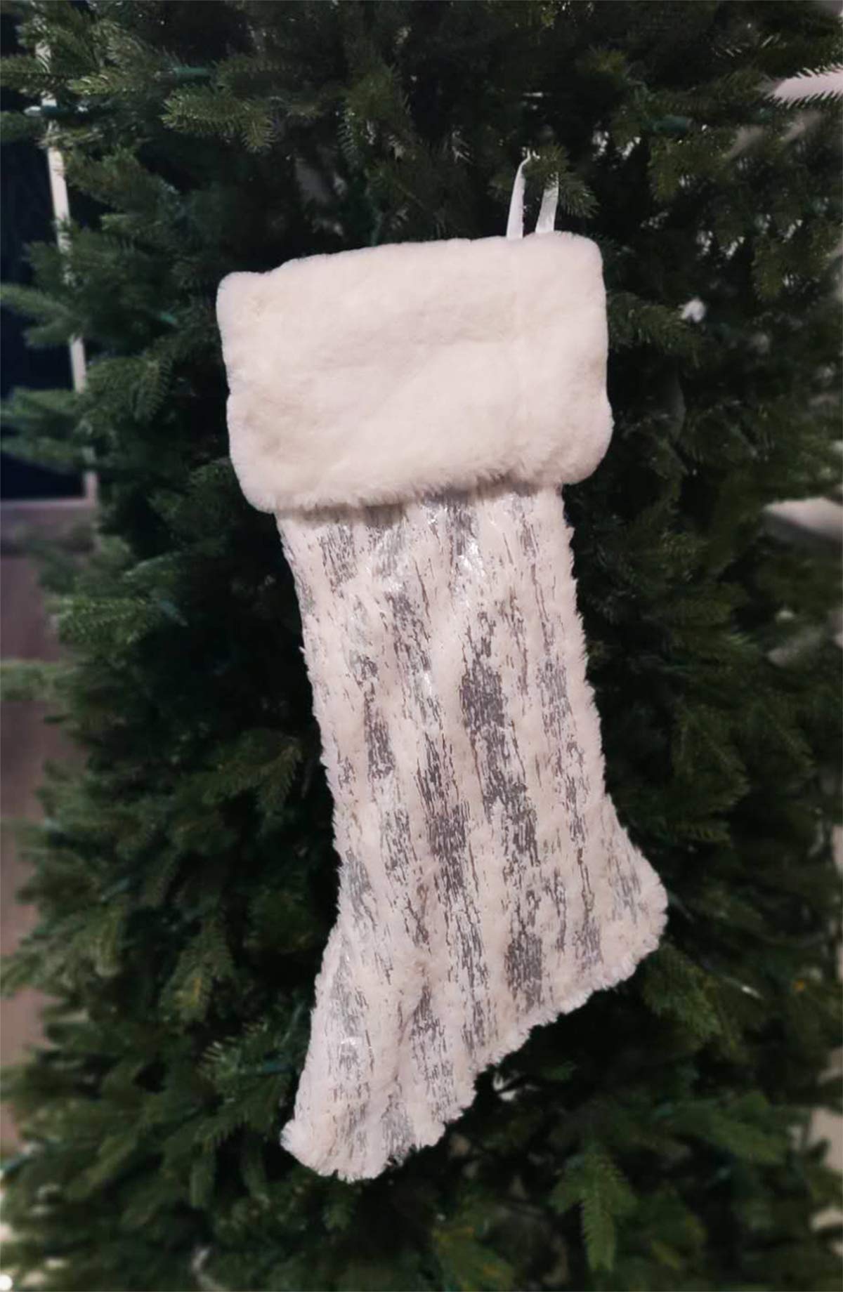 Fennco Styles Holiday Brushed Foil Print Faux Fur Christmas Stocking 8 x 19 Inch - Gold Metallic Design Hanging Stocking for Home, Holiday Tree Decor, Indoor and Special Occasion