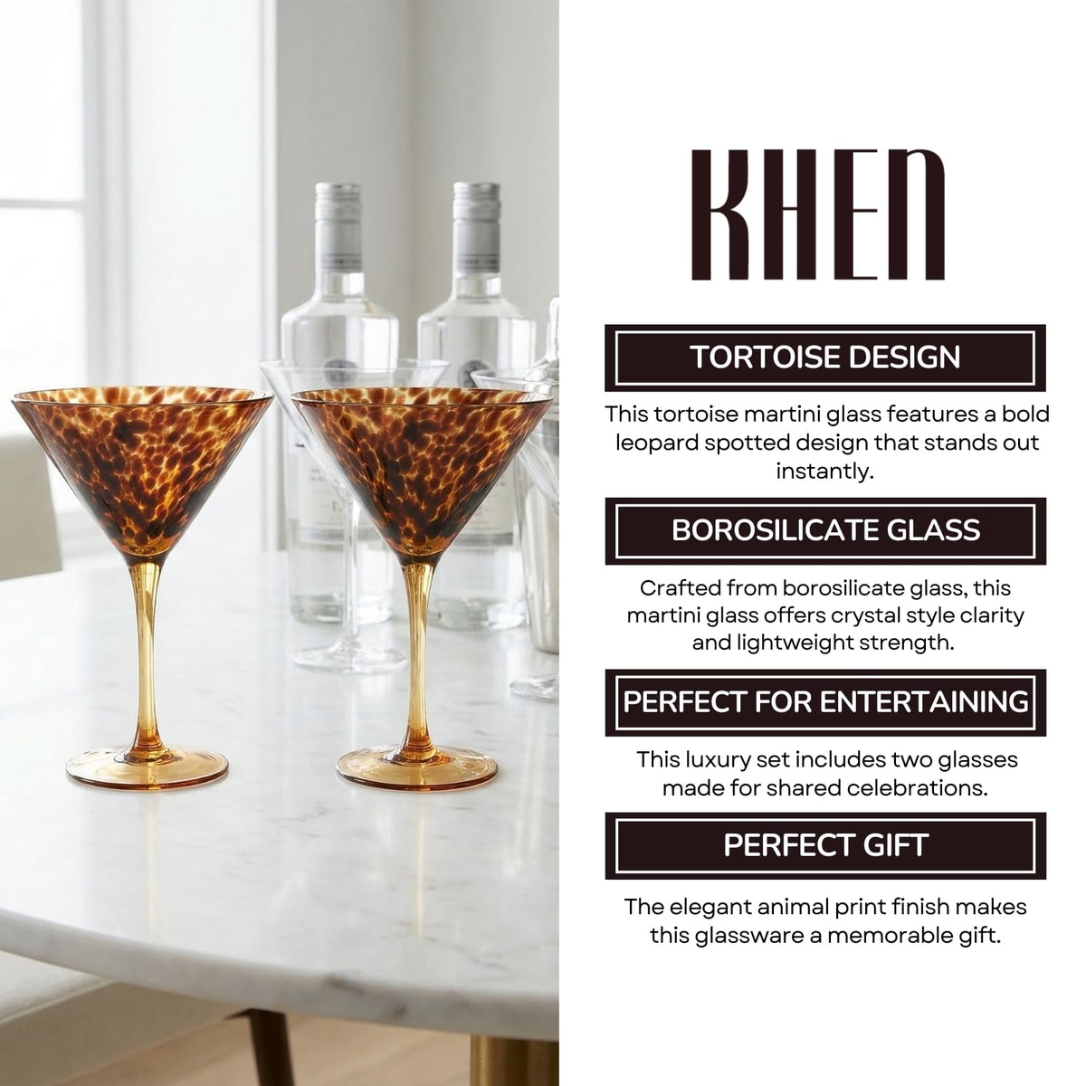 Tortoise Leopard Print Martini 9oz - Set of 2, 7.1" Spotted Borosilicate Cocktail