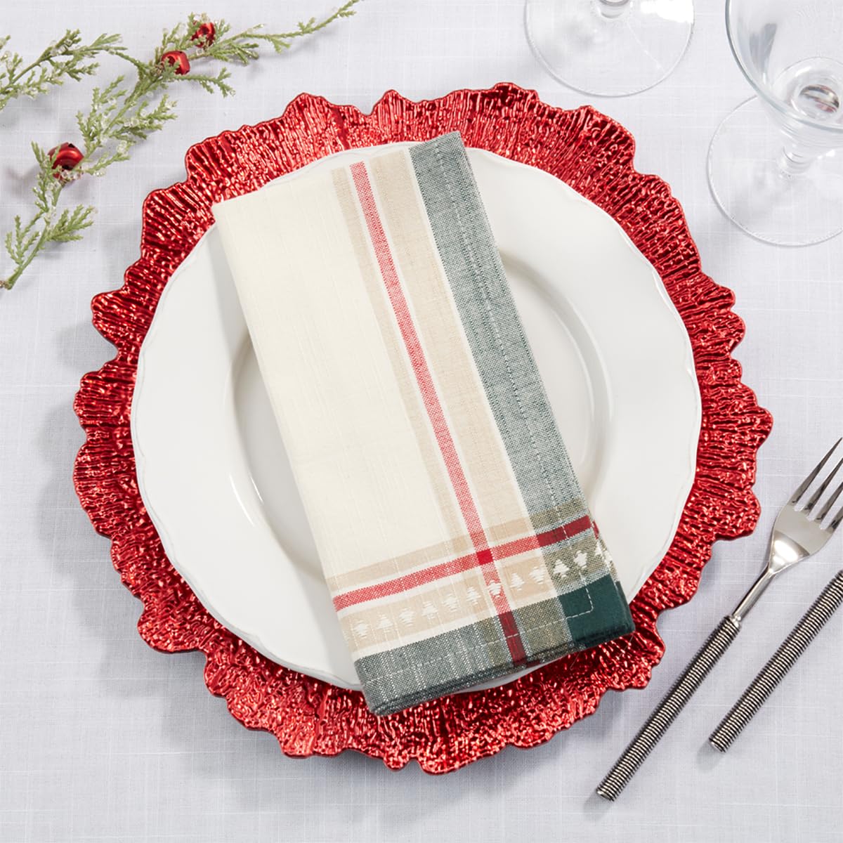 Fennco Styles Dobby Christmas Trees Design Cotton Cloth Napkins 20" W X 20" L, Set of 4 - Multicolor Dinner Napkins for Winter Holiday Décor, Banquet, Family Gathering and Special Occasion