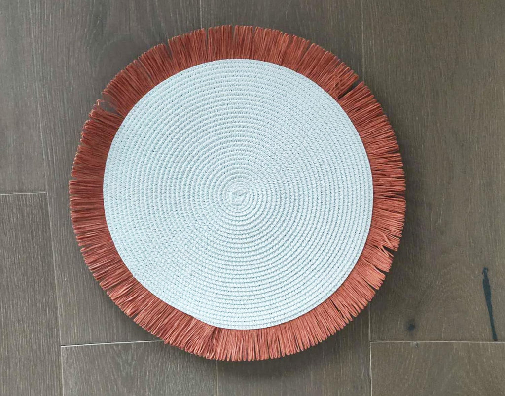 Fennco Styles Handwoven Fringe Boho Placemats 15" Round - Natural Braided Texture Table Mats for Home, Dining Room, Banquets, Family Gathering and Special Occasion