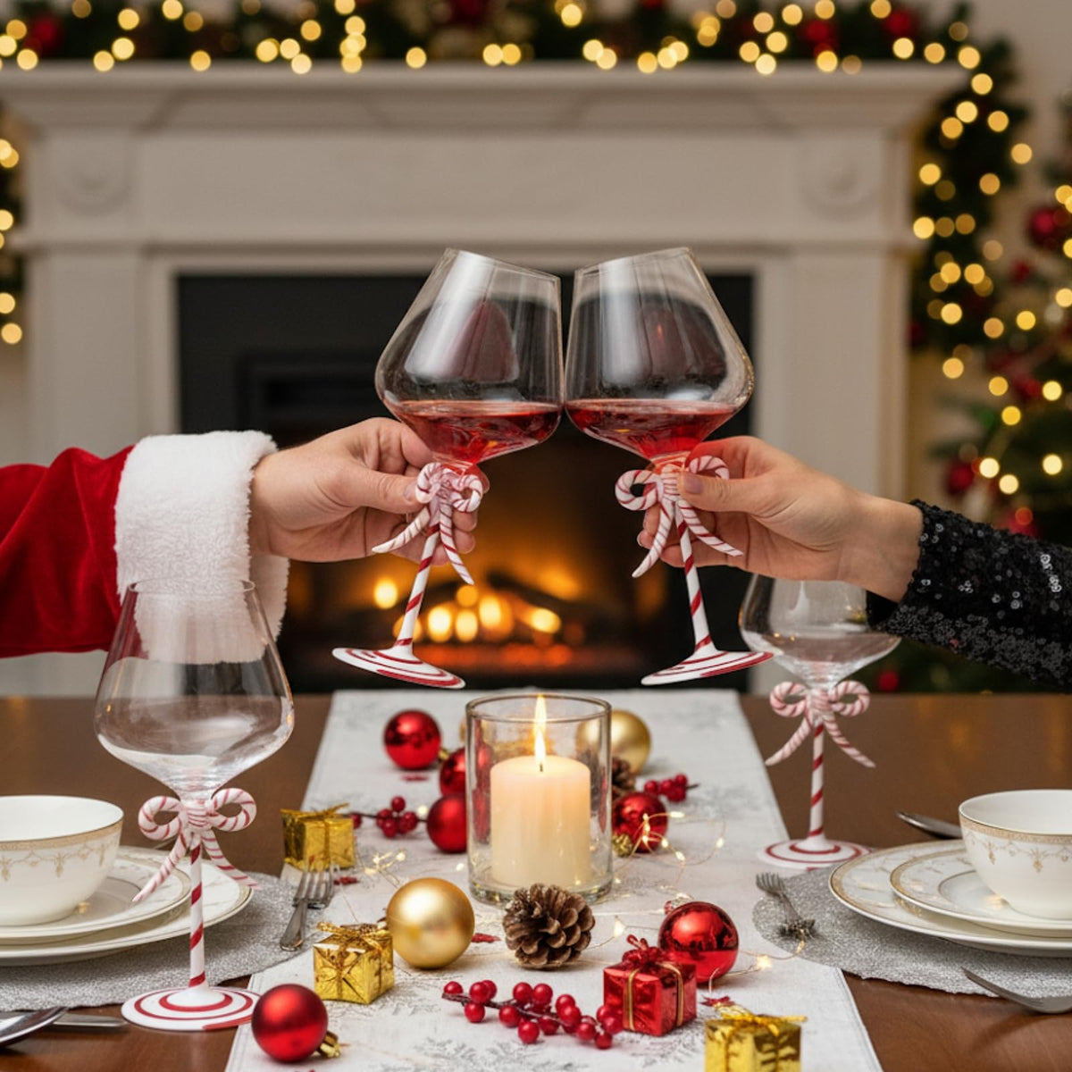 Khen Christmas Candy Cane Bow Wine Glasses - Set of 2