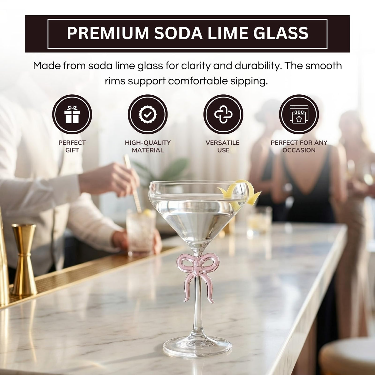 Single Clear Martini Glass with Pink Bow on Stem, One Piece