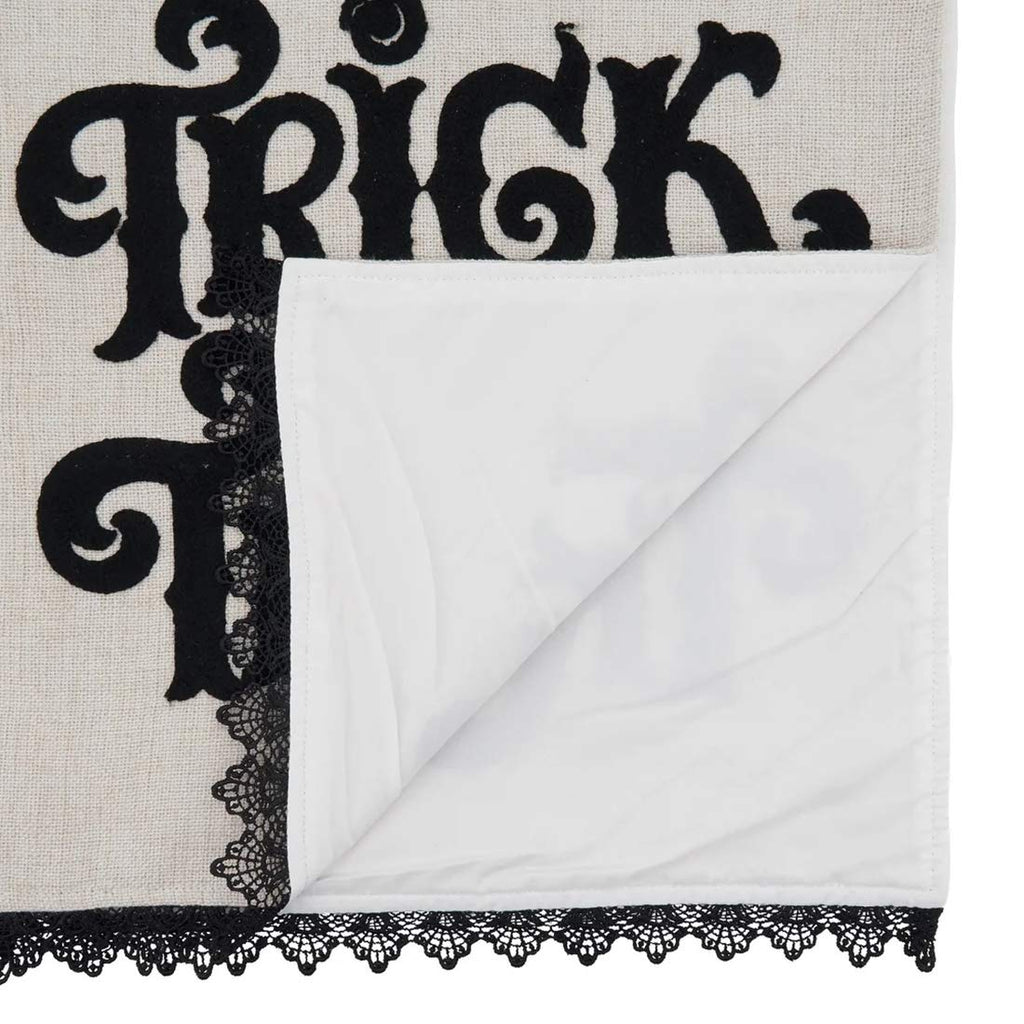 Fennco Styles TRICK OR TREAT Table Runner with Lace Edge Design 14" W x 72" L - Natural Table Cover for Home, Banquets, Halloween Event, Themed Party and Special Events