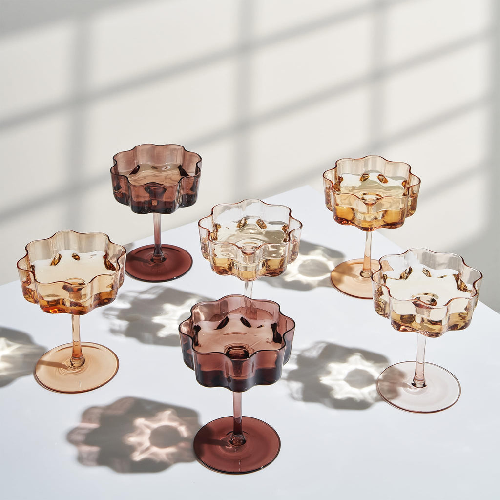 Flower Wave Coupe Cocktail Colored Glasses | Set of 6 | Venus Brown Colors
