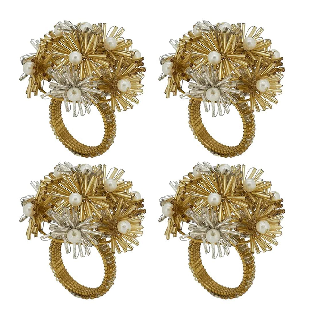 Fennco Styles Hand Beaded Flower Metal Napkin Rings, Set of 4 - Green Decorative Napkin Holders for Christmas, Home, Dining Room, Banquet, Family Gathering, Holiday and Special Occasion