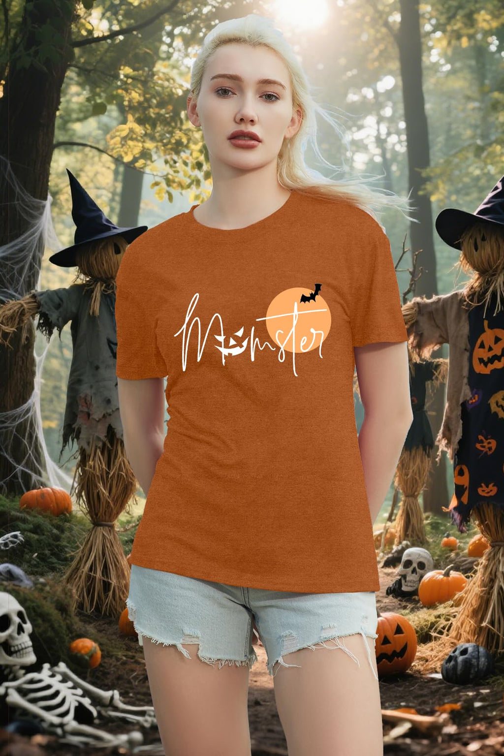 NEWKA Halloween Momster TShirt Women Funny Spider Bat Letter Print Brown Size XL