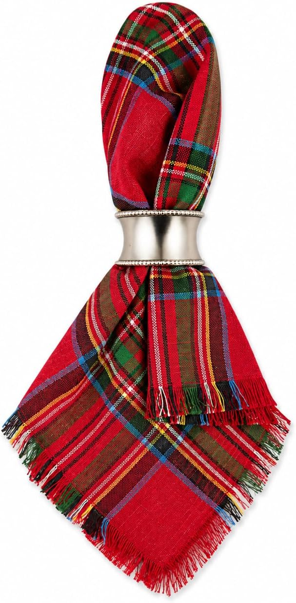 Fennco Styles Christmas Tartan Cloth Napkins with Fringe 20" X 20", Set of 4 - Classic Red Plaid Cotton Holiday Table Napkins for Christmas Dinner, Winter Gatherings and Seasonal Entertaining