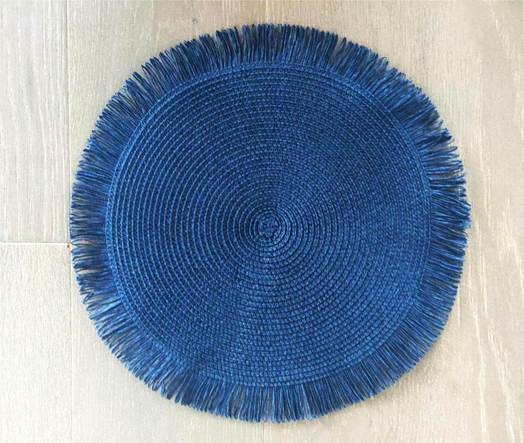 Fennco Styles Handwoven Fringe Boho Placemats 15" Round - Natural Braided Texture Table Mats for Home, Dining Room, Banquets, Family Gathering and Special Occasion