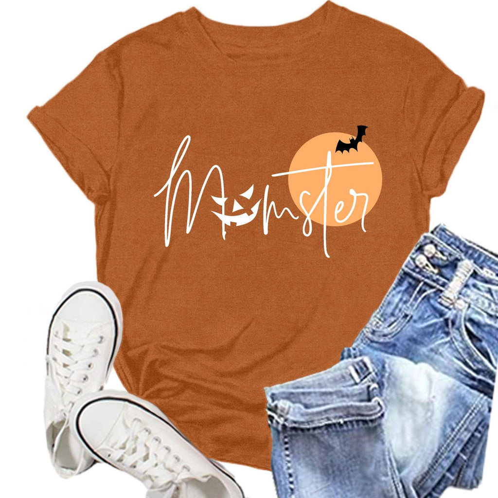 NEWKA Halloween Momster TShirt Women Funny Spider Bat Letter Print Brown Size XL