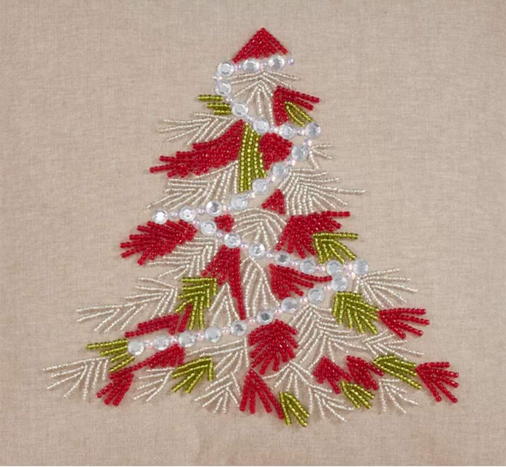 Fennco Styles Beaded Christmas Tree 100% Cotton Decorative Throw Pillow Cover 18 x 18 Inch - Beads Pillow Case for Holiday Décor, Couch, Living Room and Bedroom Décor