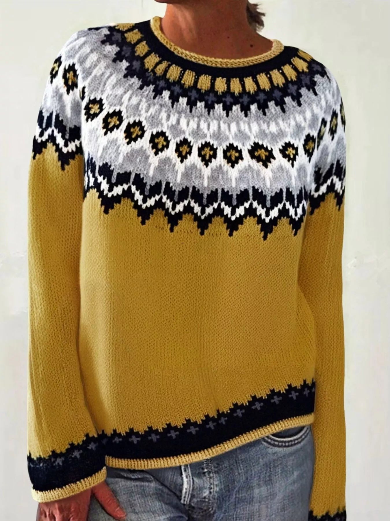 Full Size Vintage Patterned Round Neck Sweater Plus Size