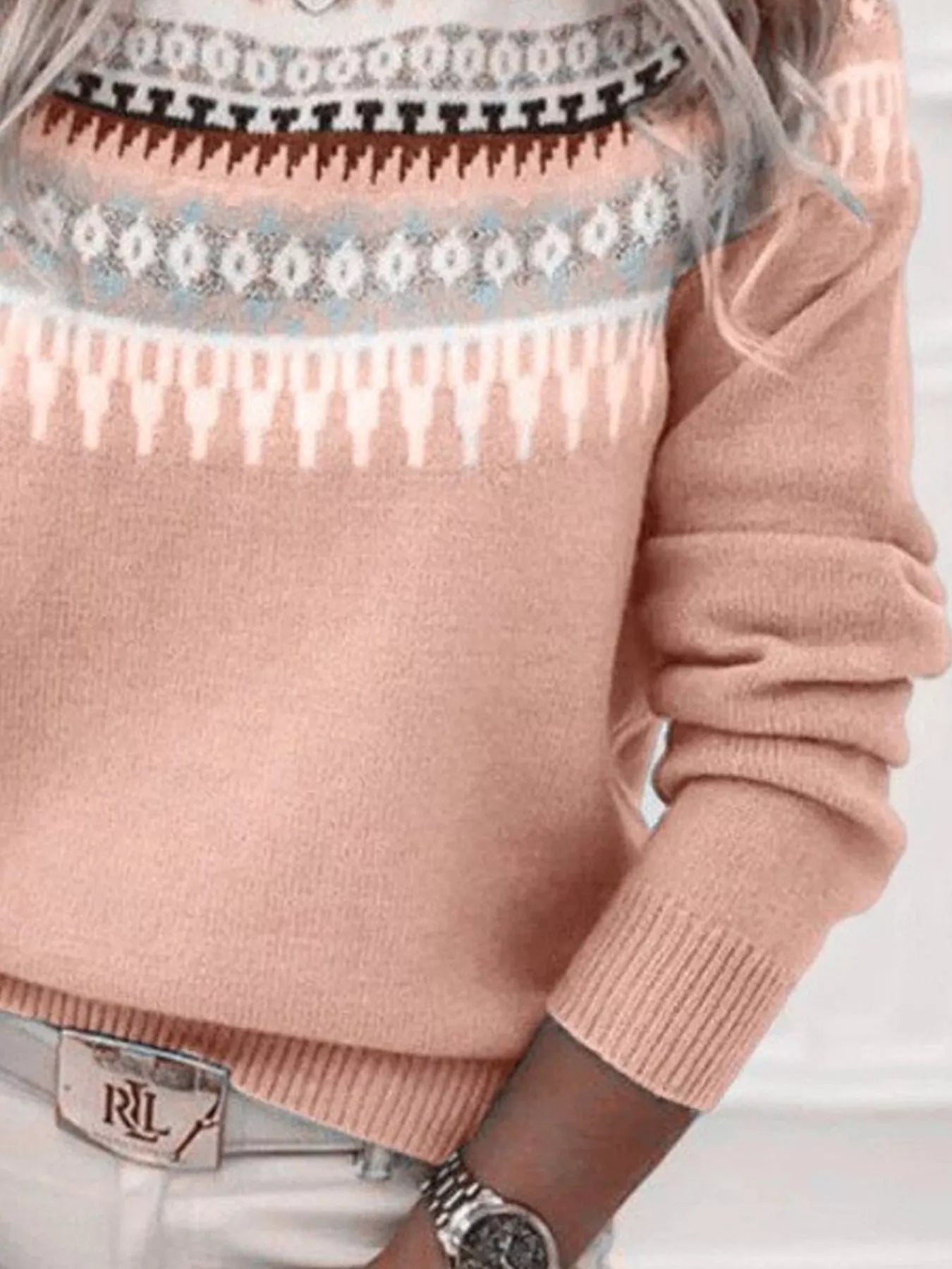 Full Size Vintage Patterned Round Neck Sweater Plus Size