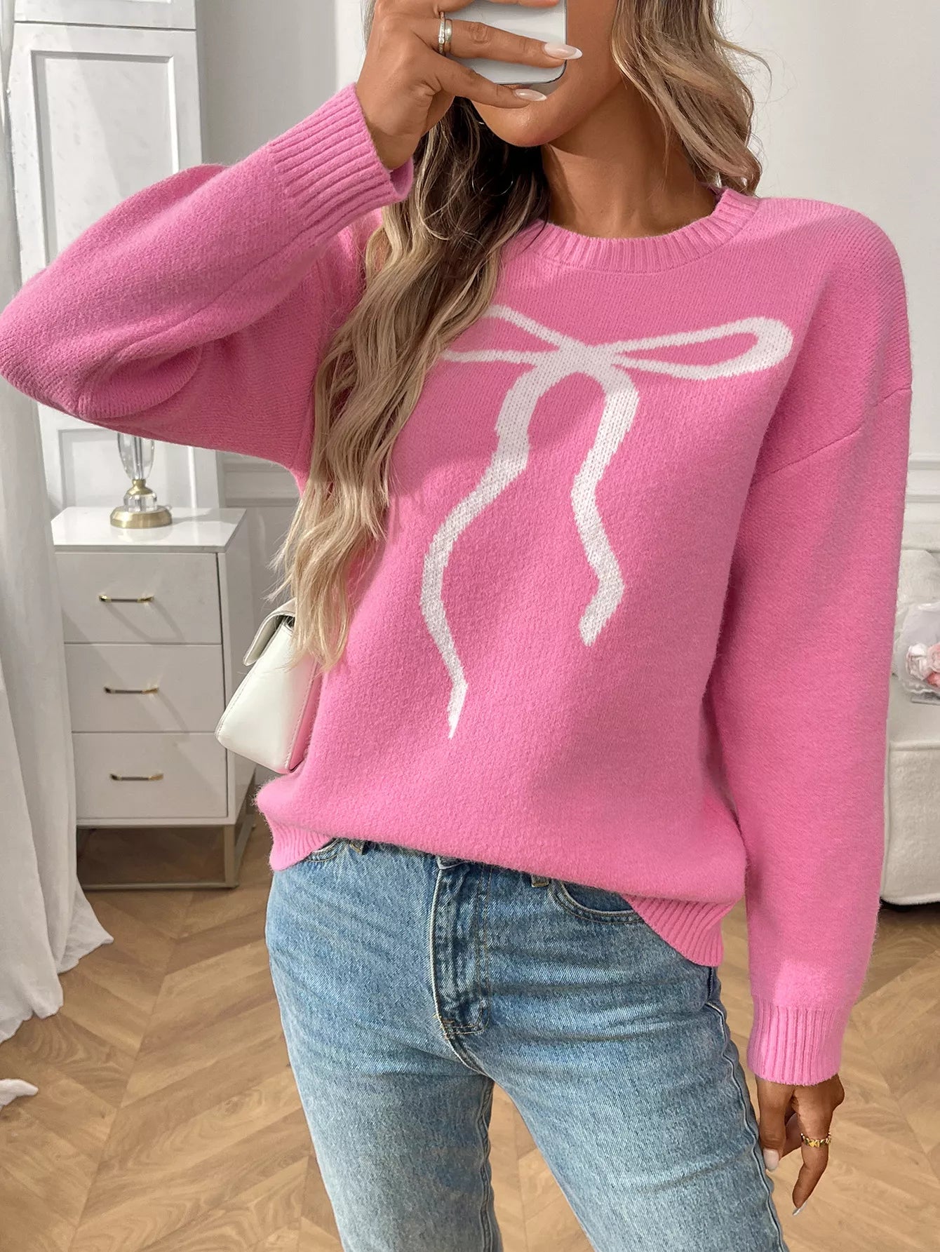 Bow Round Neck Long Sleeve Sweater