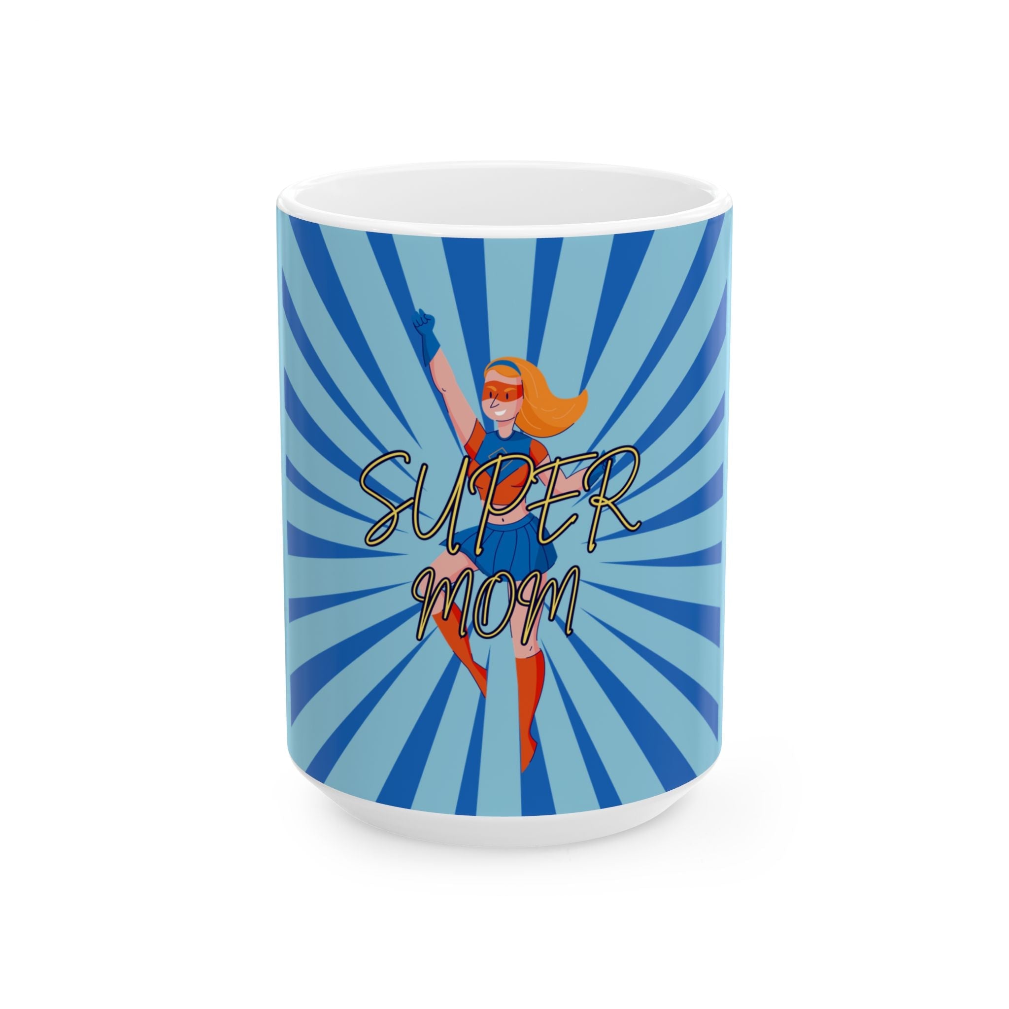 Super Mom Ceramic Mug, AZURE  BLUE  – Retro Superhero Mom Coffee Cup