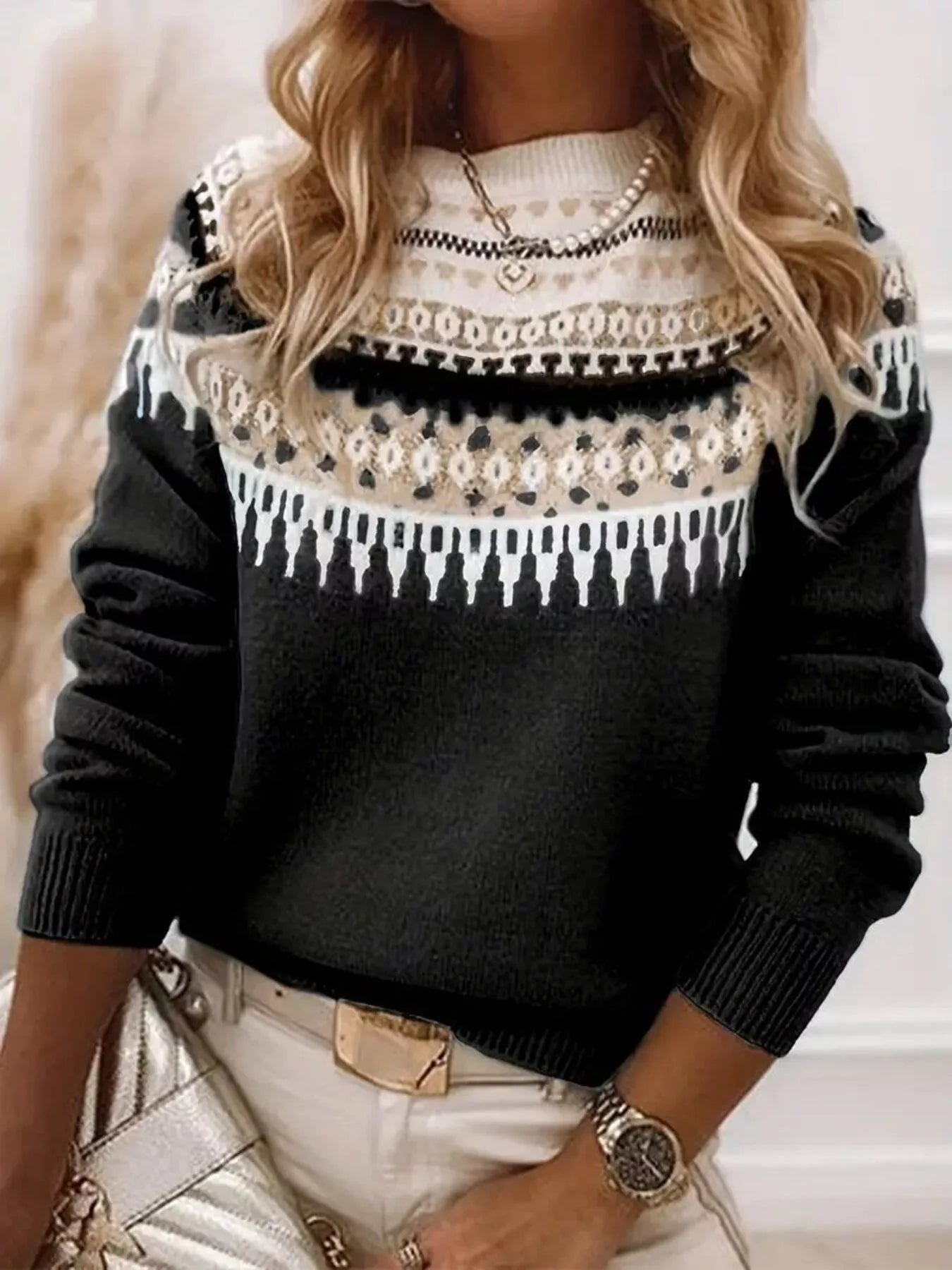 Full Size Vintage Patterned Round Neck Sweater Plus Size
