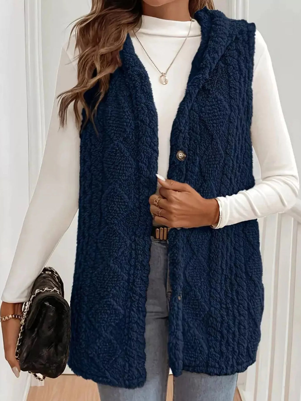 Hooded Button-Up Sherpa Vest Coat