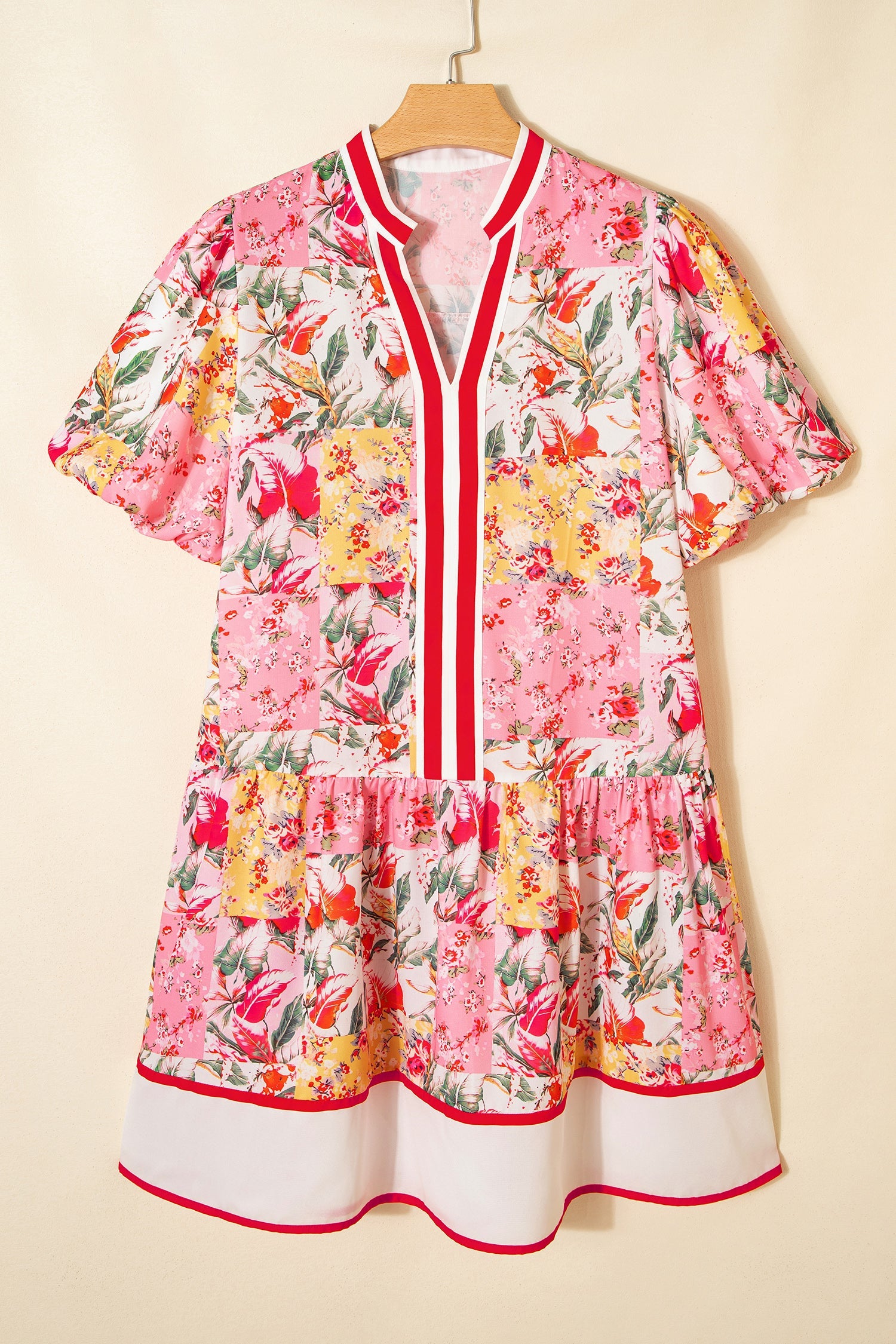 Floral Colorblock Trim V-Neck Ruffle Mini Dress