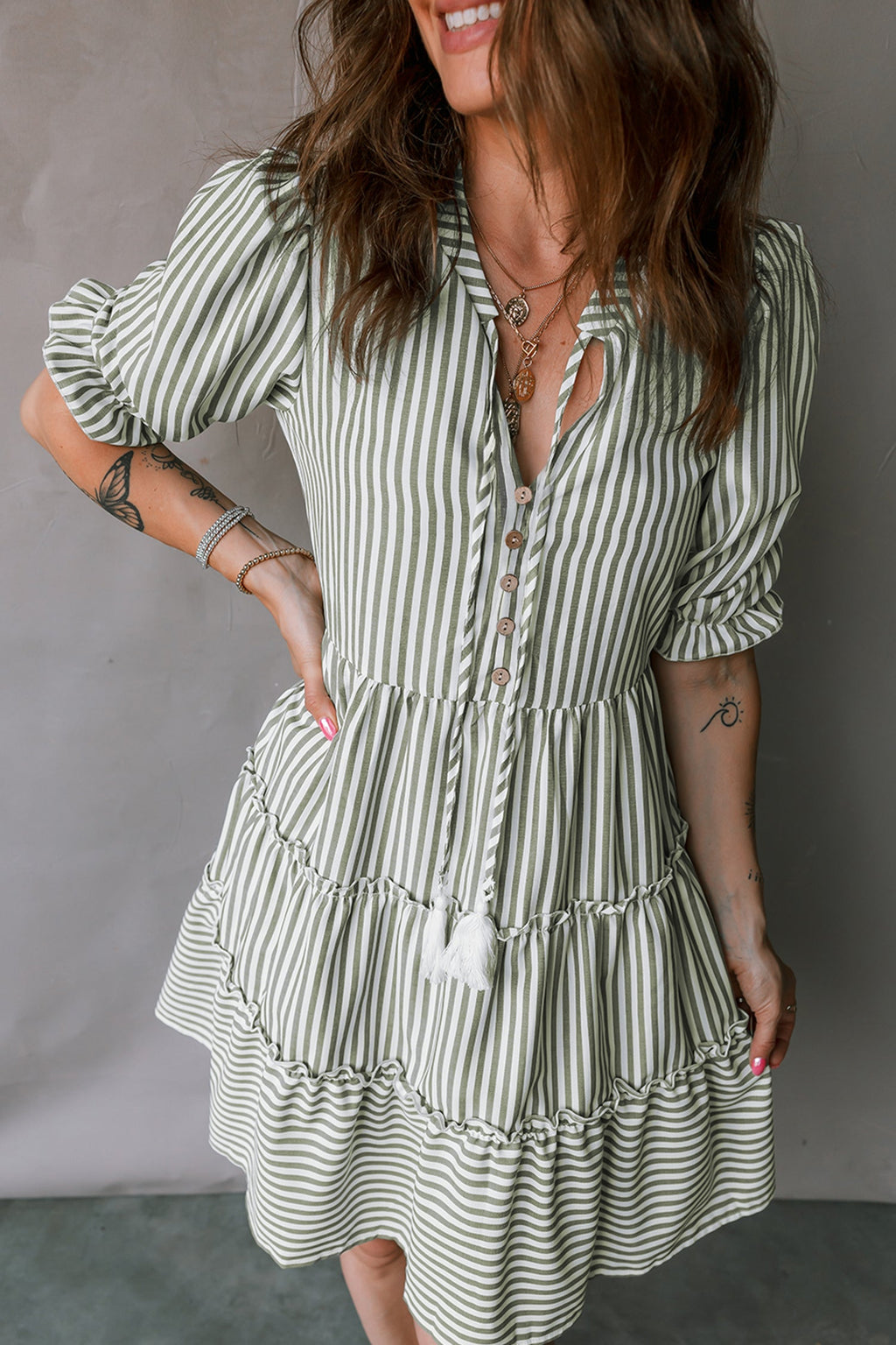 Stripe Tassel Tie-Neck Ruffle Tiered Dress