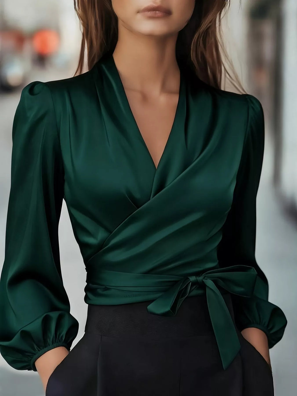 Satin Tied Balloon Sleeve Blouse