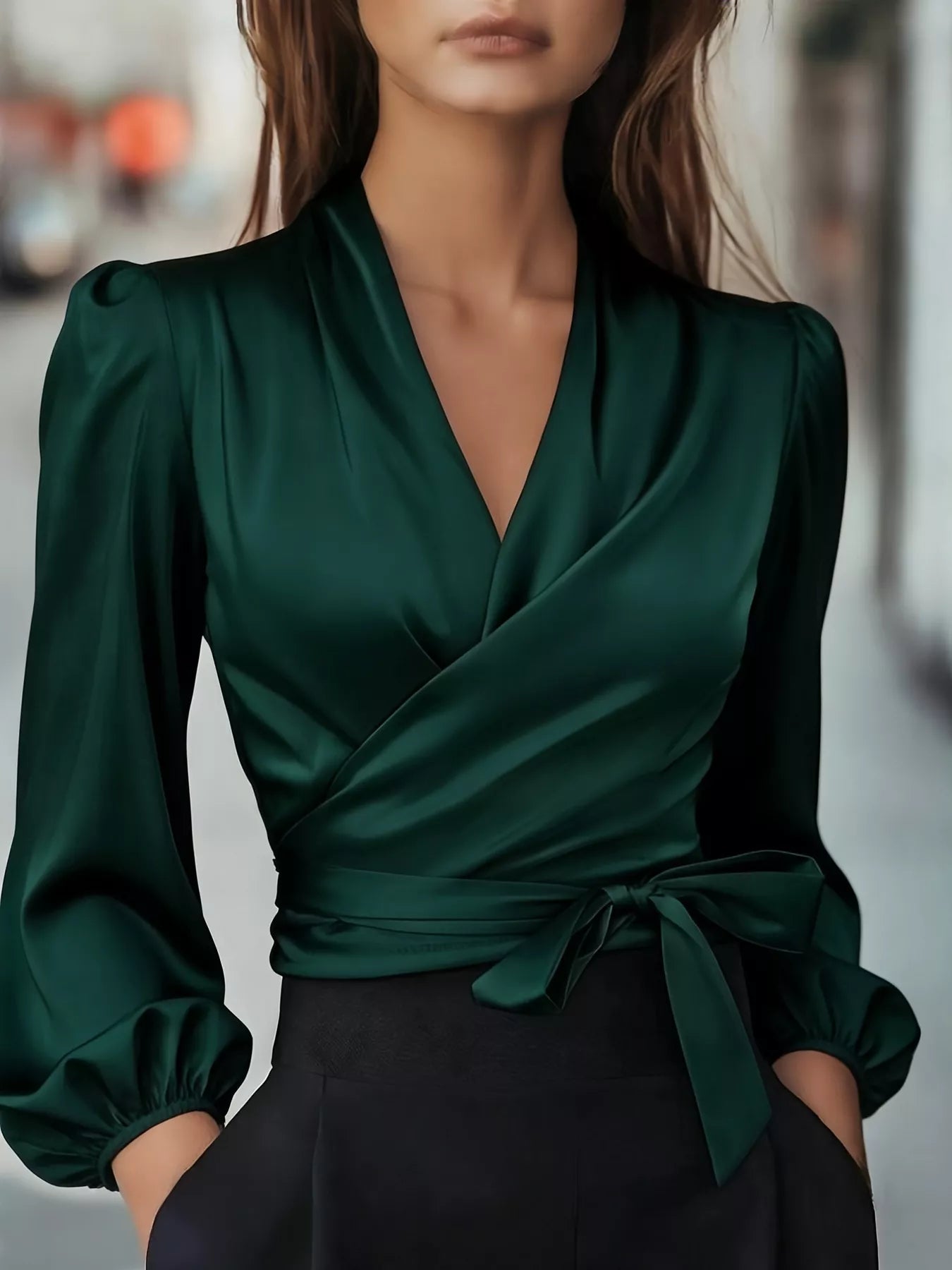 Satin Tied Balloon Sleeve Blouse