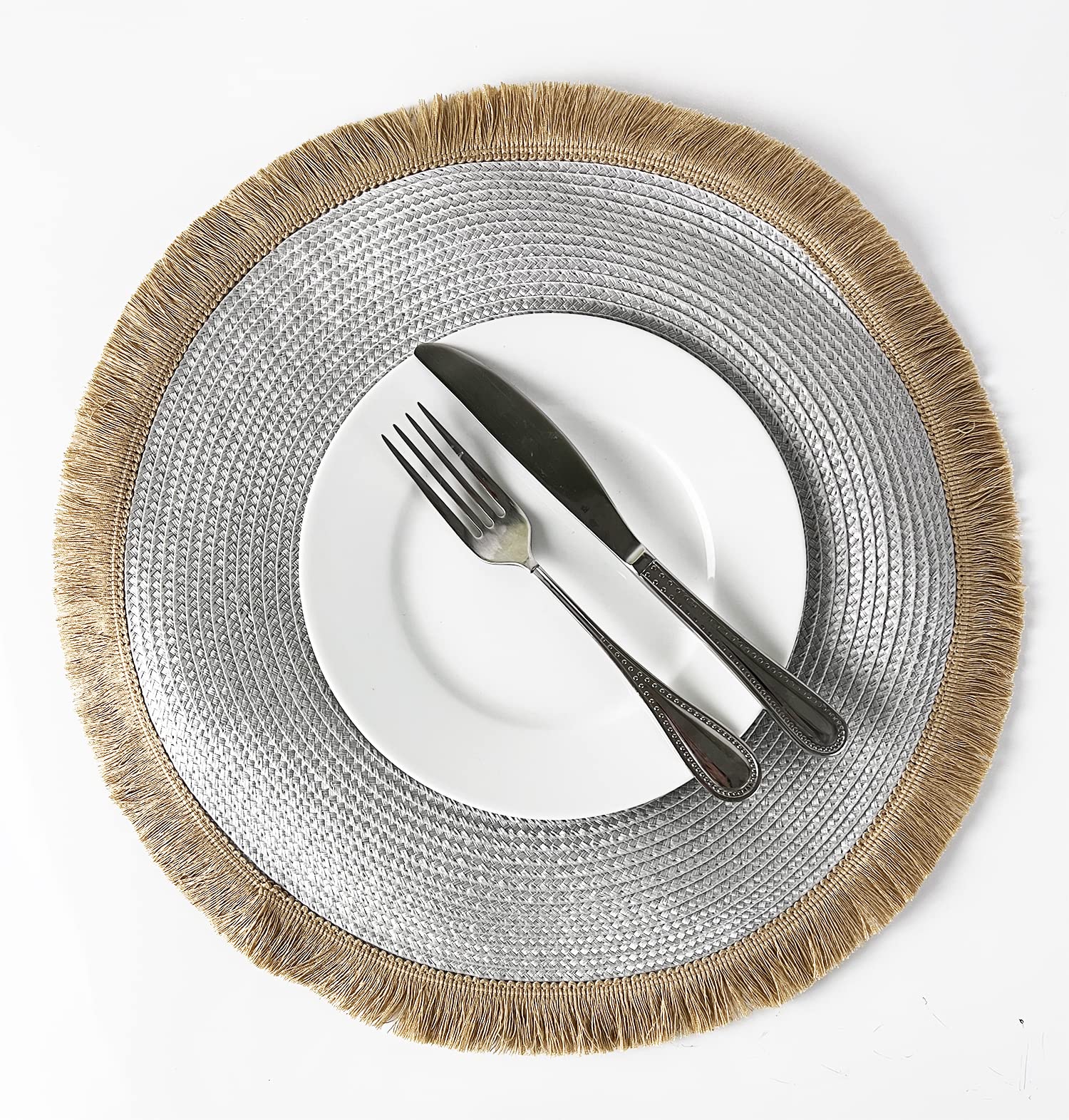 Fennco Styles Hand Braided Fringe Boho Placemats 15 Inch Round, Set of 4 - Beige & White Woven Textured Table Mats for Home, Dining Room, Banquets, Family Gathering and Special Occasion