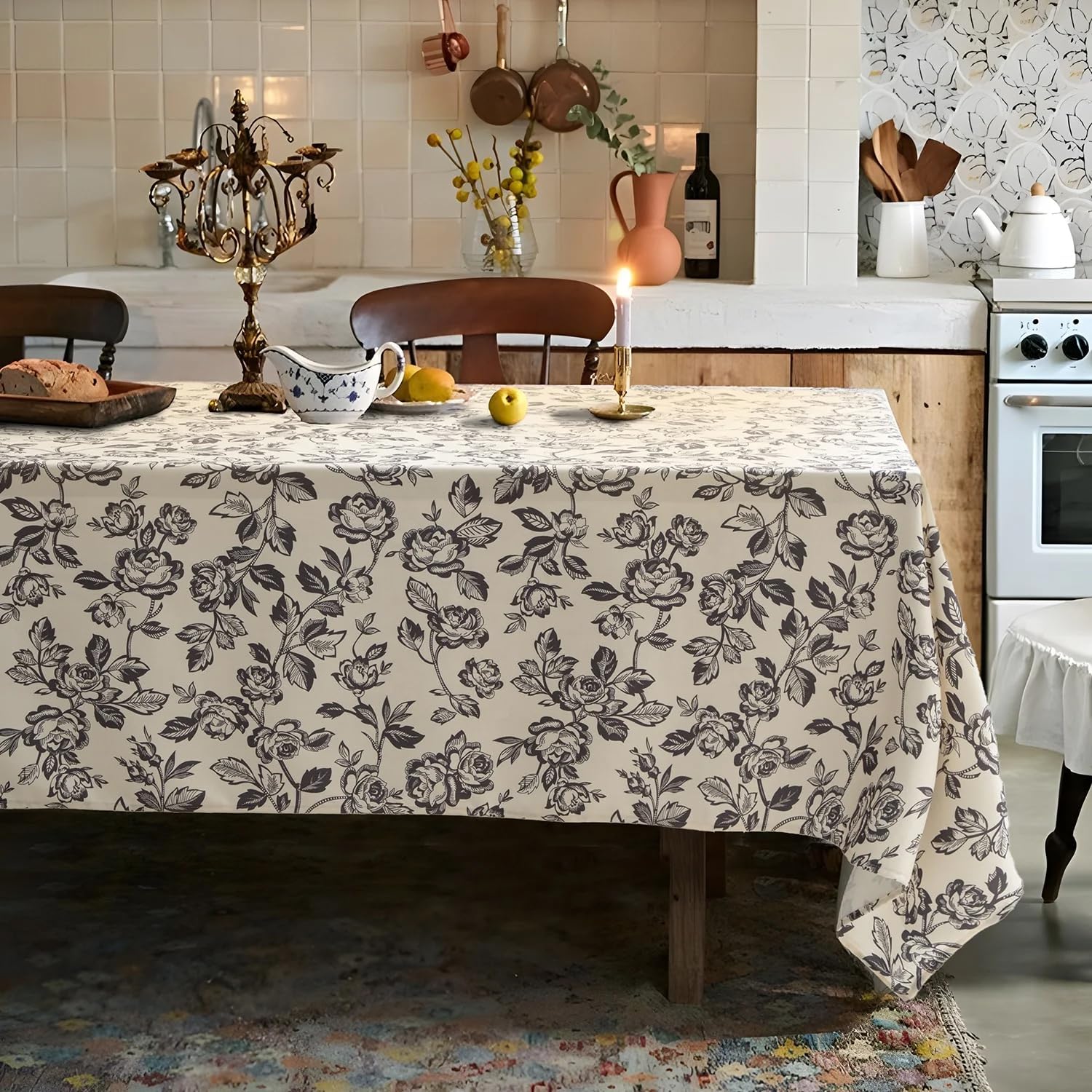 Fennco Styles Vintage Black Rose Print Tablecloth – 56" W X 88" L Floral Print Elegant Table Cover for Kitchen, Dining Room, Wedding, or Holiday Décor