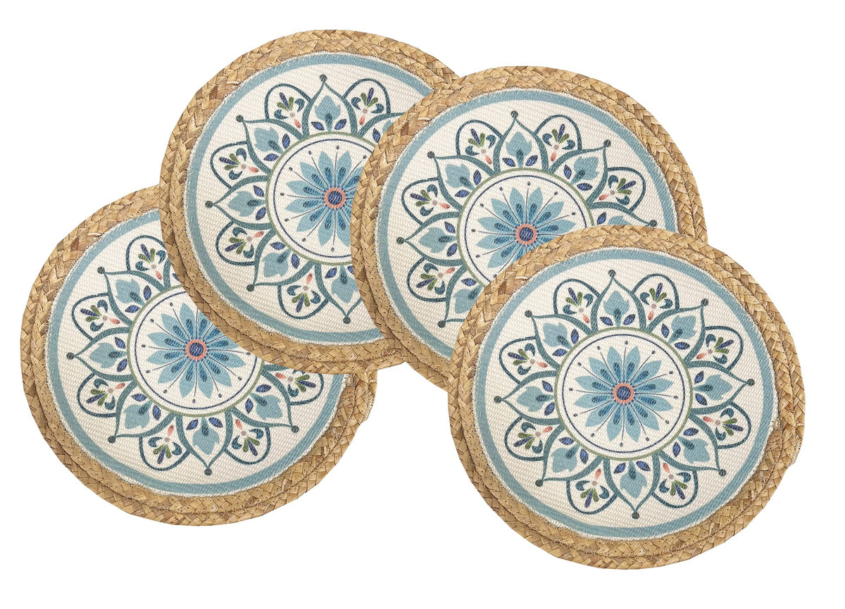 Fennco Styles Eclectic Mandala Water Hyacinth Edge Placemats 13" Round, Set of 4 - Multicolored Block Print Heat Resistant Insulation Table Mats for Home, Boho Décor, Dining Table, Banquets, Holidays