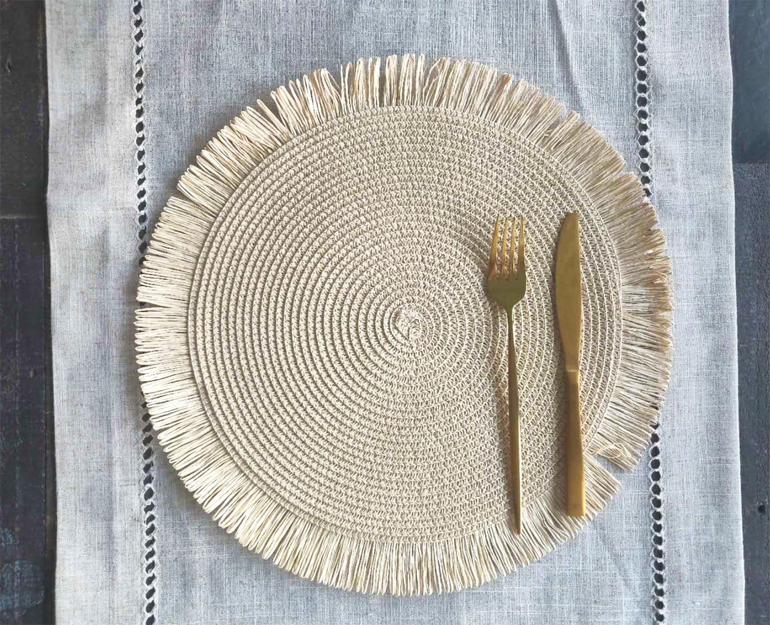 Fennco Styles Handwoven Fringe Boho Placemats 15" Round - Natural Braided Texture Table Mats for Home, Dining Room, Banquets, Family Gathering and Special Occasion