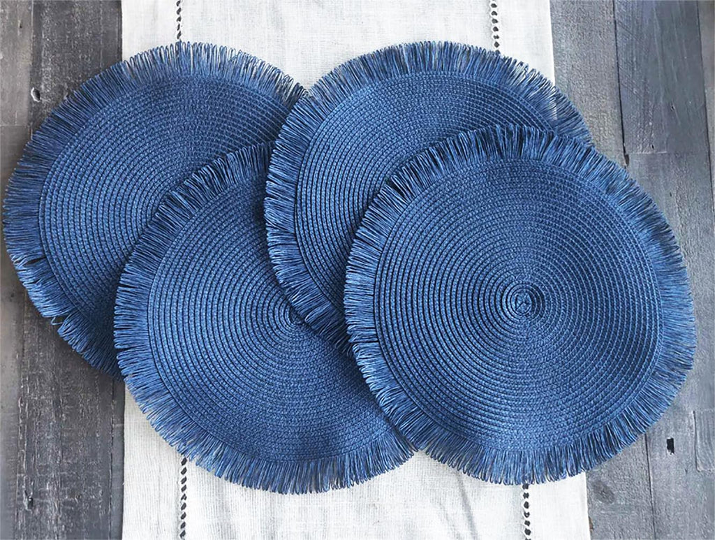 Fennco Styles Handwoven Fringe Boho Placemats 15" Round - Natural Braided Texture Table Mats for Home, Dining Room, Banquets, Family Gathering and Special Occasion