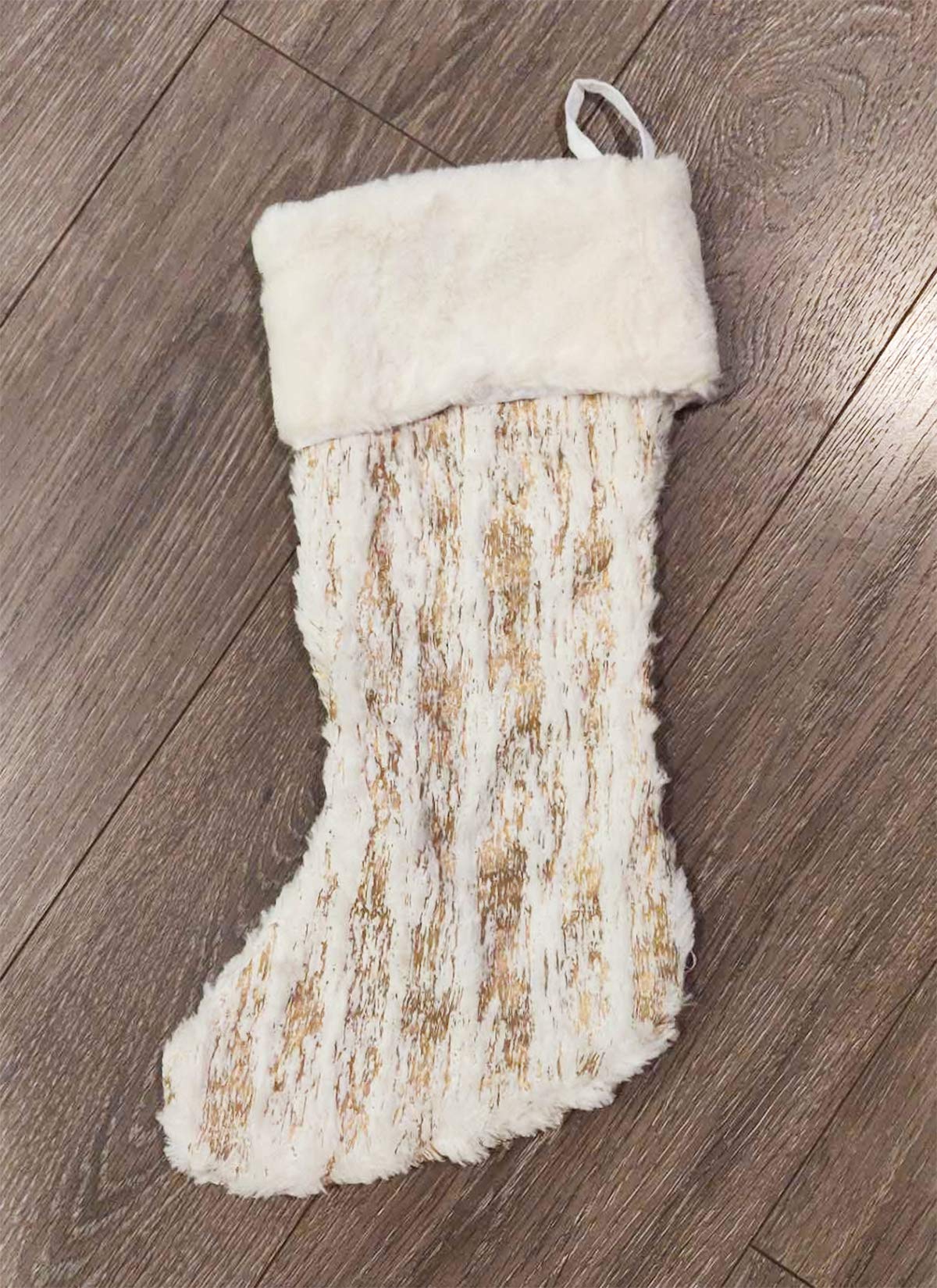 Fennco Styles Holiday Brushed Foil Print Faux Fur Christmas Stocking 8 x 19 Inch - Gold Metallic Design Hanging Stocking for Home, Holiday Tree Decor, Indoor and Special Occasion