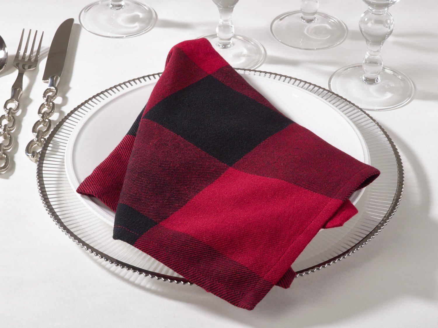Fennco Styles Holiday Black Buffalo Check Plaid Cotton Cloth Napkins 20"x20", Set of 4