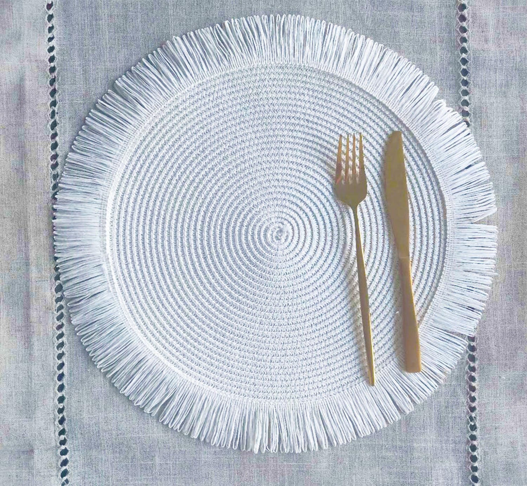 Fennco Styles Handwoven Fringe Boho Placemats 15" Round - Natural Braided Texture Table Mats for Home, Dining Room, Banquets, Family Gathering and Special Occasion