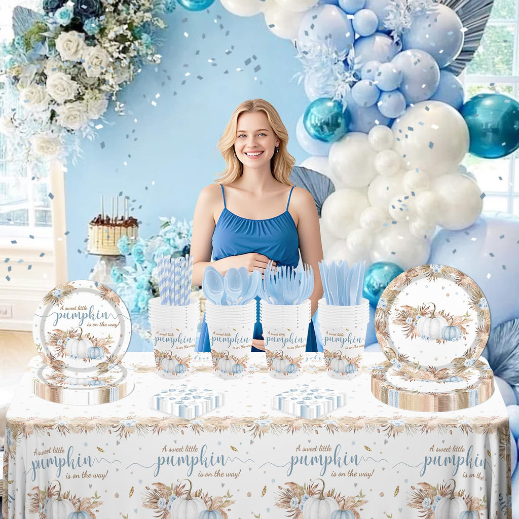 MEHOFOND Blue Pumpkin Baby Shower Party Supplies 193 Pcs Tableware Set