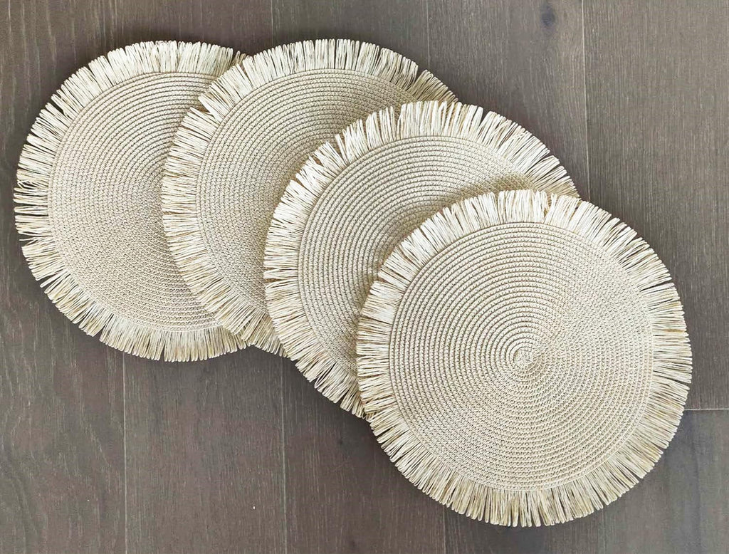 Fennco Styles Handwoven Fringe Boho Placemats 15" Round - Natural Braided Texture Table Mats for Home, Dining Room, Banquets, Family Gathering and Special Occasion