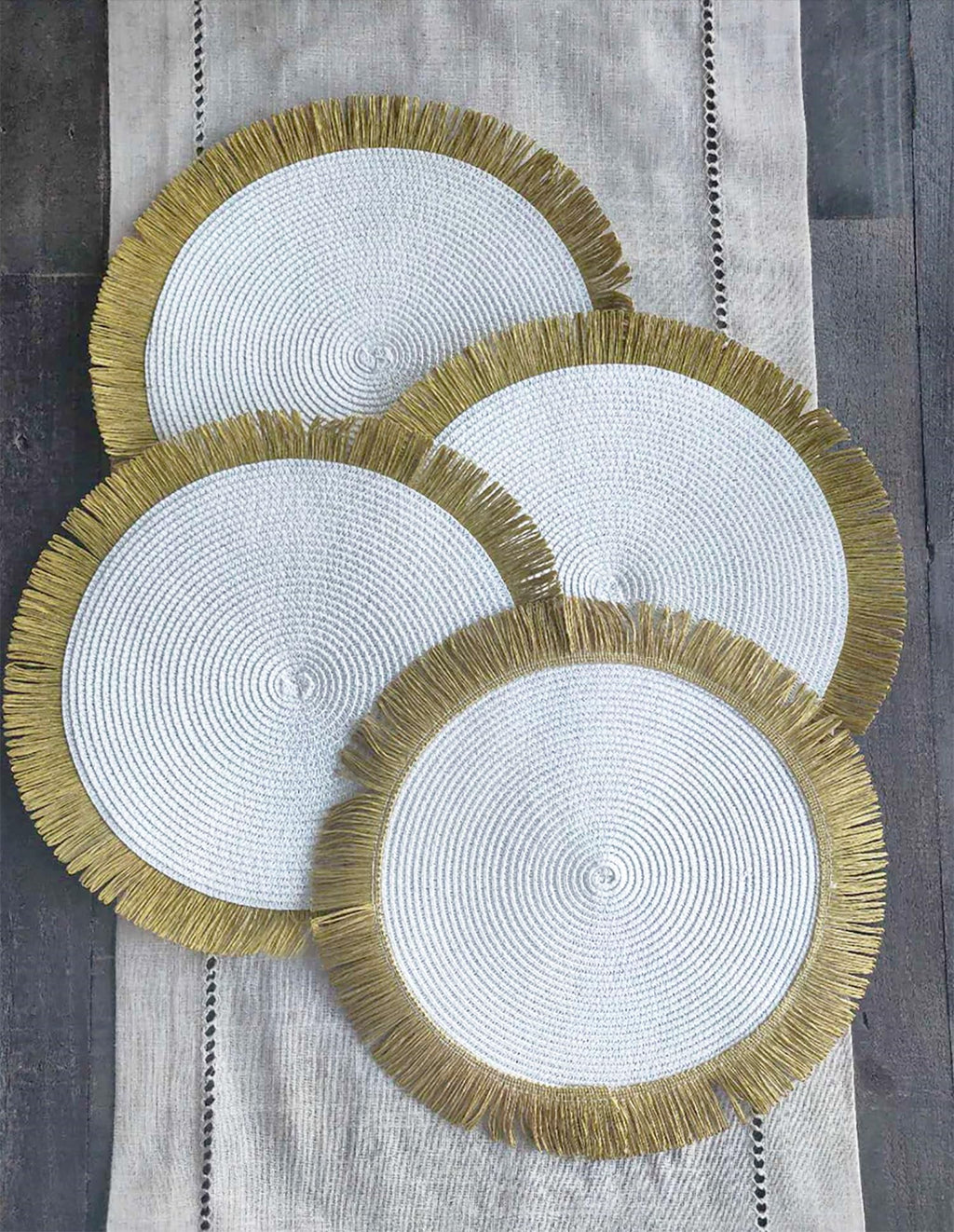 Fennco Styles Handwoven Fringe Boho Placemats 15" Round - Natural Braided Texture Table Mats for Home, Dining Room, Banquets, Family Gathering and Special Occasion