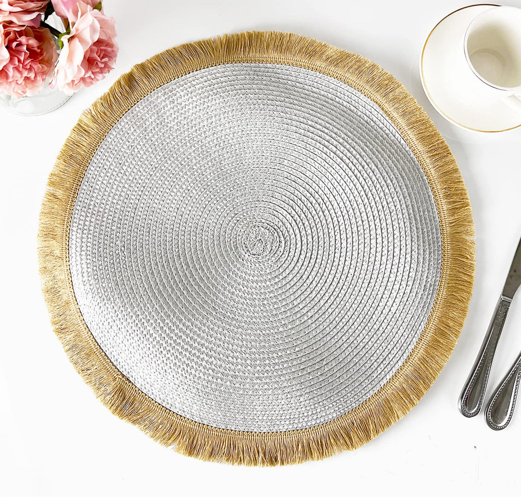 Fennco Styles Hand Braided Fringe Boho Placemats 15 Inch Round, Set of 4 - Beige & White Woven Textured Table Mats for Home, Dining Room, Banquets, Family Gathering and Special Occasion