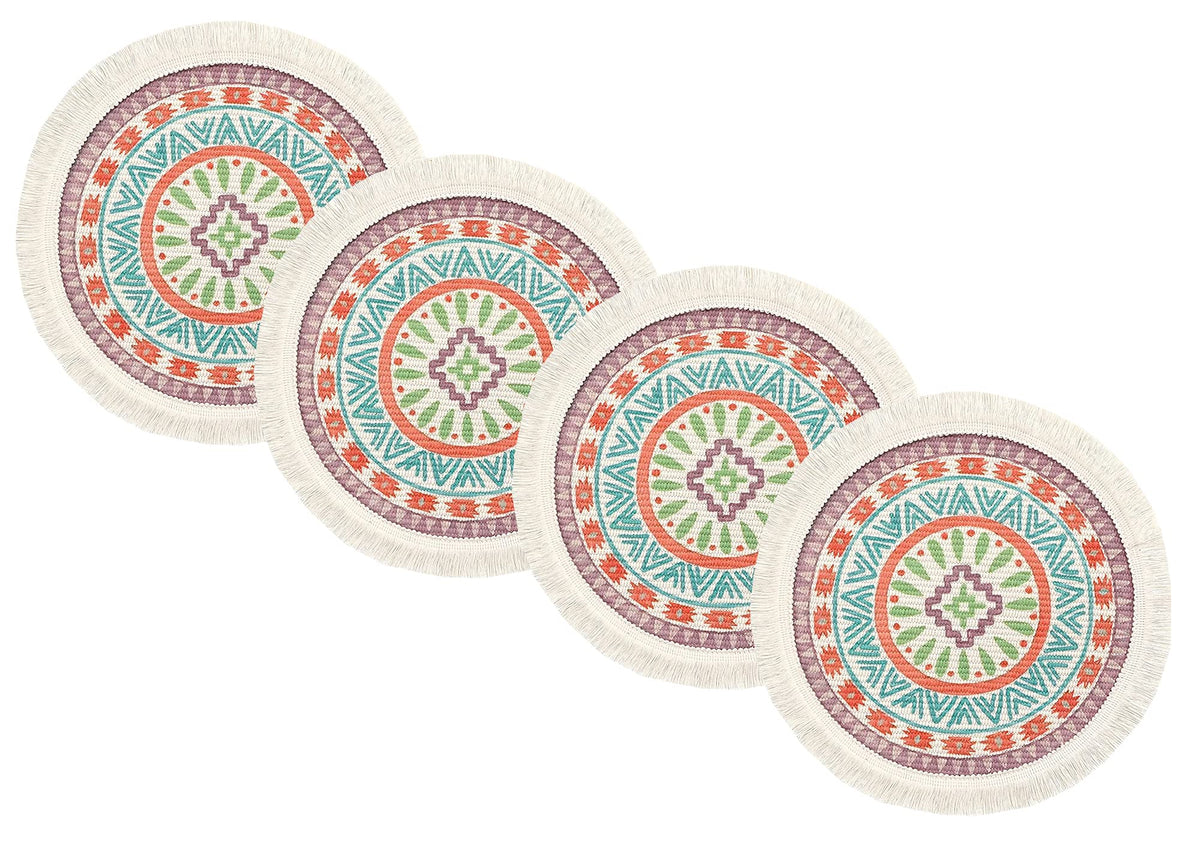 Fennco Styles Mandala Boho Woven Fringe Cotton Placemats 13" Round, Set of 4 - Multicolored Printed Heat Resistant Insulation Table Mats for Home, Kitchen Décor, Dining Table, Banquets, Holidays