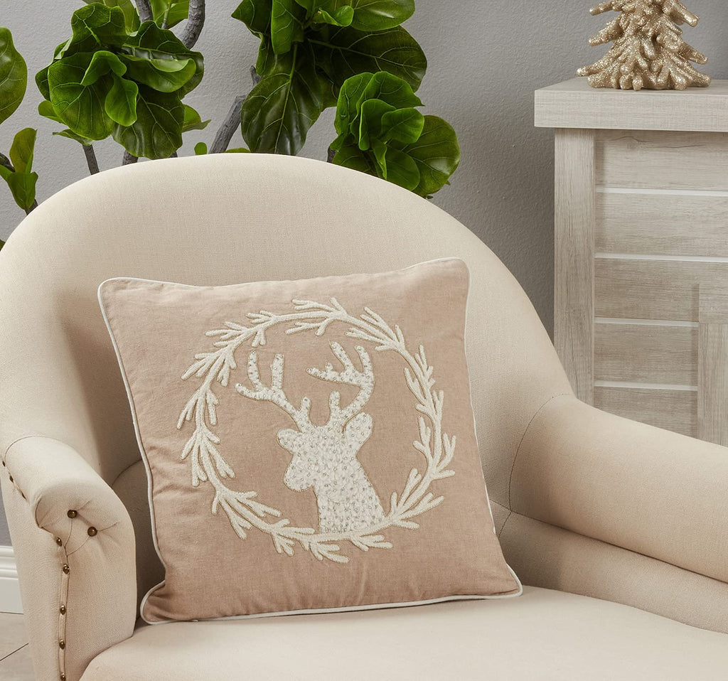 Fennco Styles Hand Beaded & Embroidered Wreath Reindeer Cotton Decorative Throw Pillow 18"W x 18"L – Natural Holiday Cushion for Home, Couch, Sofa, Bedroom, Office, Christmas Décor and Special Occasion