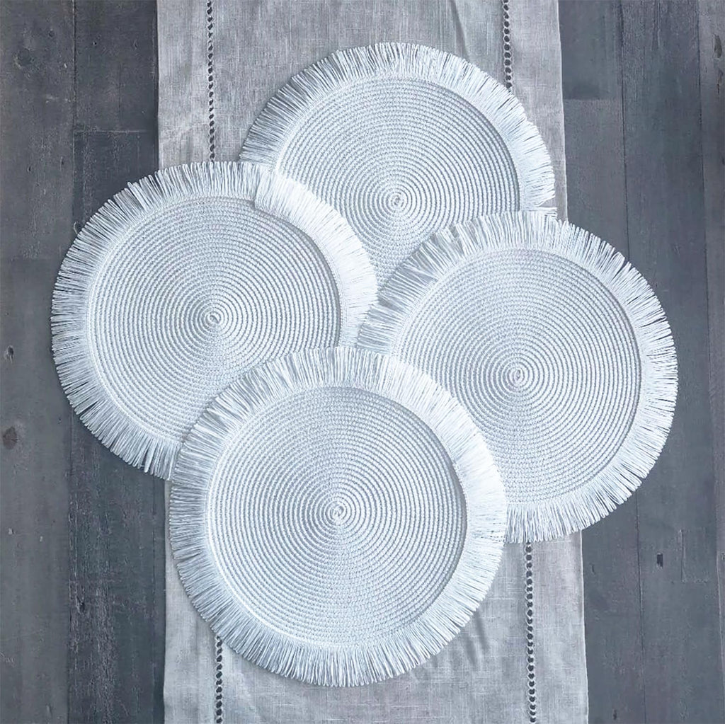 Fennco Styles Handwoven Fringe Boho Placemats 15" Round - Natural Braided Texture Table Mats for Home, Dining Room, Banquets, Family Gathering and Special Occasion