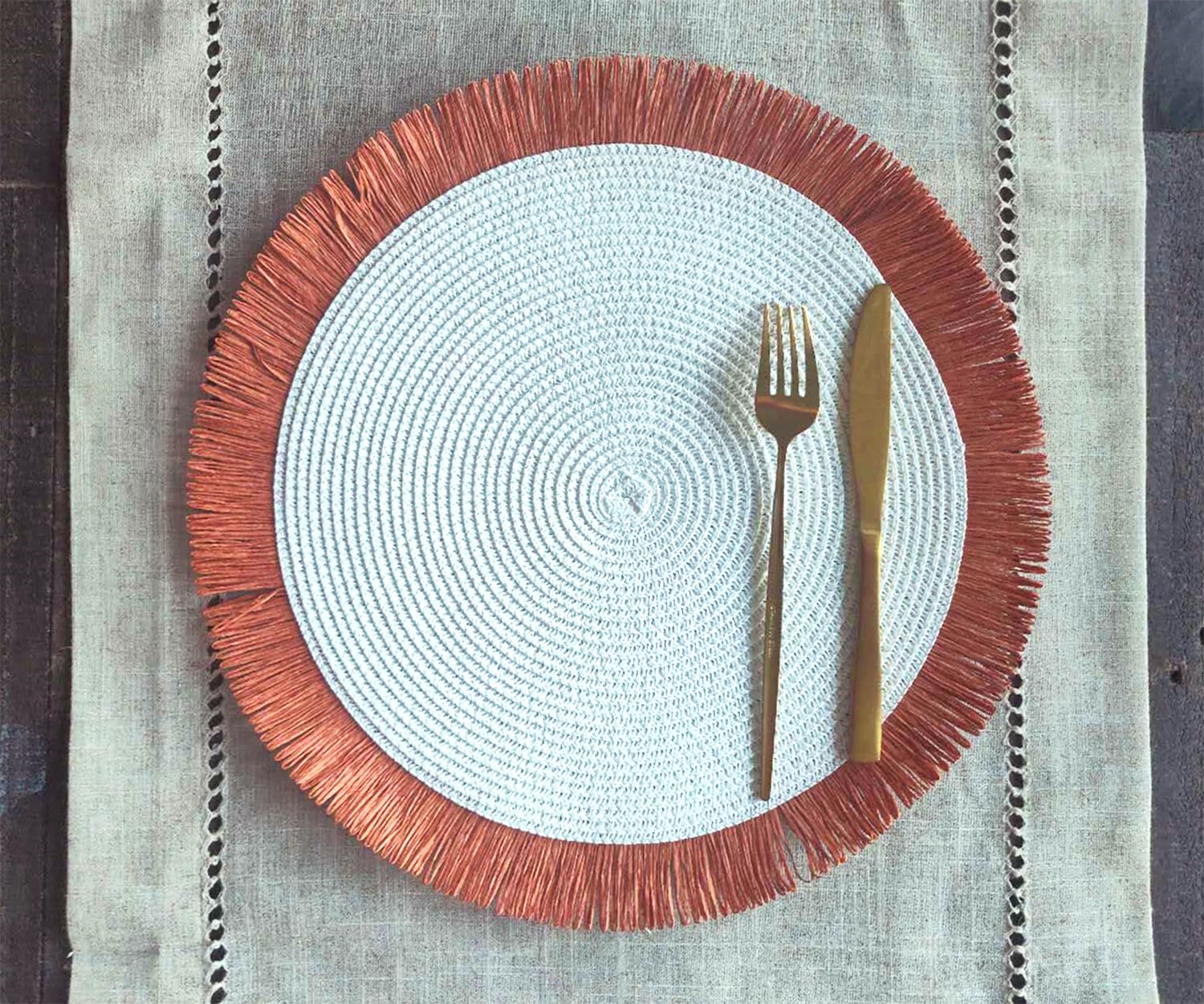 Fennco Styles Handwoven Fringe Boho Placemats 15" Round - Natural Braided Texture Table Mats for Home, Dining Room, Banquets, Family Gathering and Special Occasion