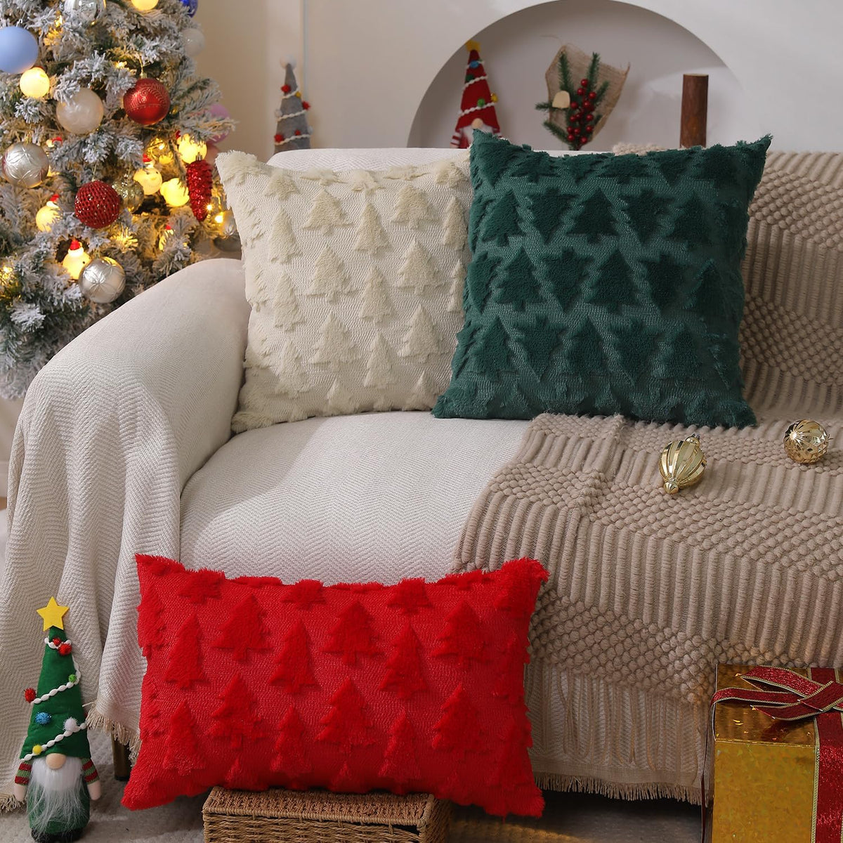 DFXSZ Christmas Tree Pillow Covers 18x18 inch Set of 2 Christmas Decoration Beige Soft Plush Faux Fur Jacquard Throw Pillows for Bedroom Sofa Holiday Festivals Winter Home Decor PTK006C18